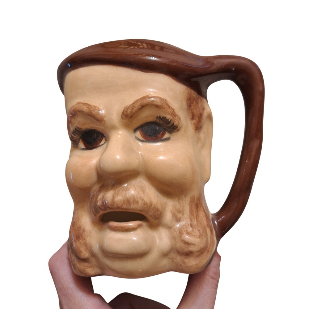 Vintage 80s Hand Painted Face Mug Planter Weird Old Man Humor Funny Decor
